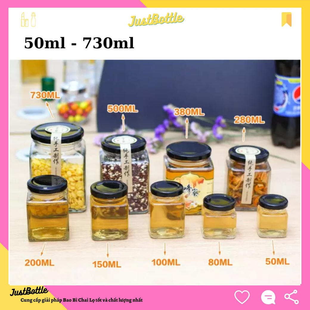 Hủ Thủy Tinh Vuông - Lục Giác - Tròn 50Ml 100Ml 200Ml 280Ml 380Ml 500Ml 730Ml Có Nắp Đậy Kín Hơi