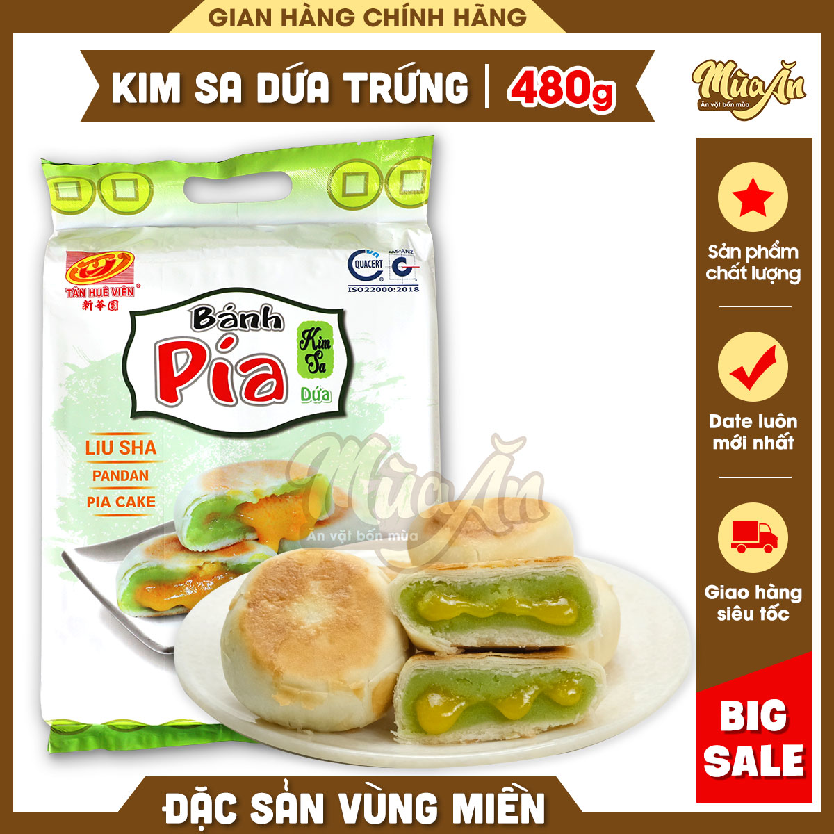 Bánh Pía Kim Sa dứa trứng tan chảy, Bánh Pía Sóc Trăng Tân Huê Viên 480g, bánh pía mini