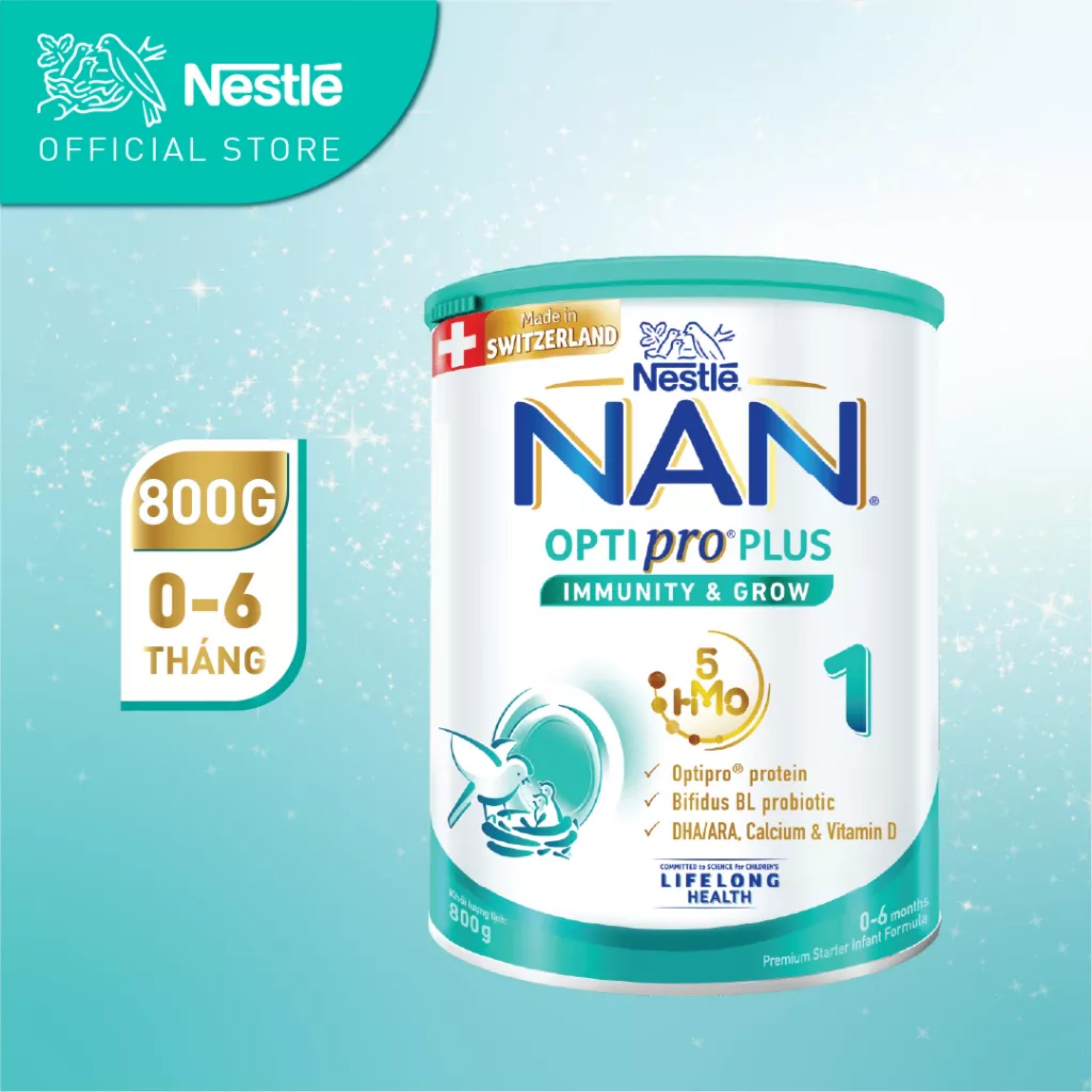 Sữa bột nestlé nan optipro plus 1 800g/lon với 5hmo sản xuất tại thụy sĩ.