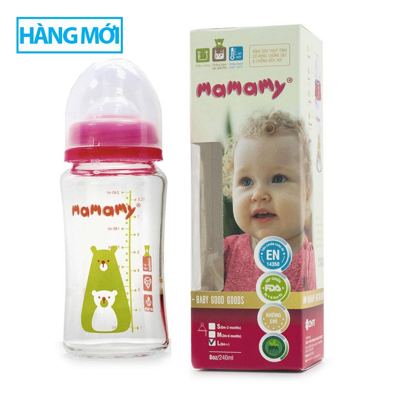 BÌNH SỮA THỦY TINH CỔ RỘNG CHỐNG SẶC VÀ ĐẦY HƠI MAMAMY 240ML