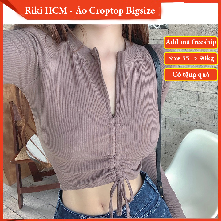 Áo croptop bigsize tay dài, áo bigsize nữ kiểu 80kg, ab1002 - riki hcm - áo bigsize nữ