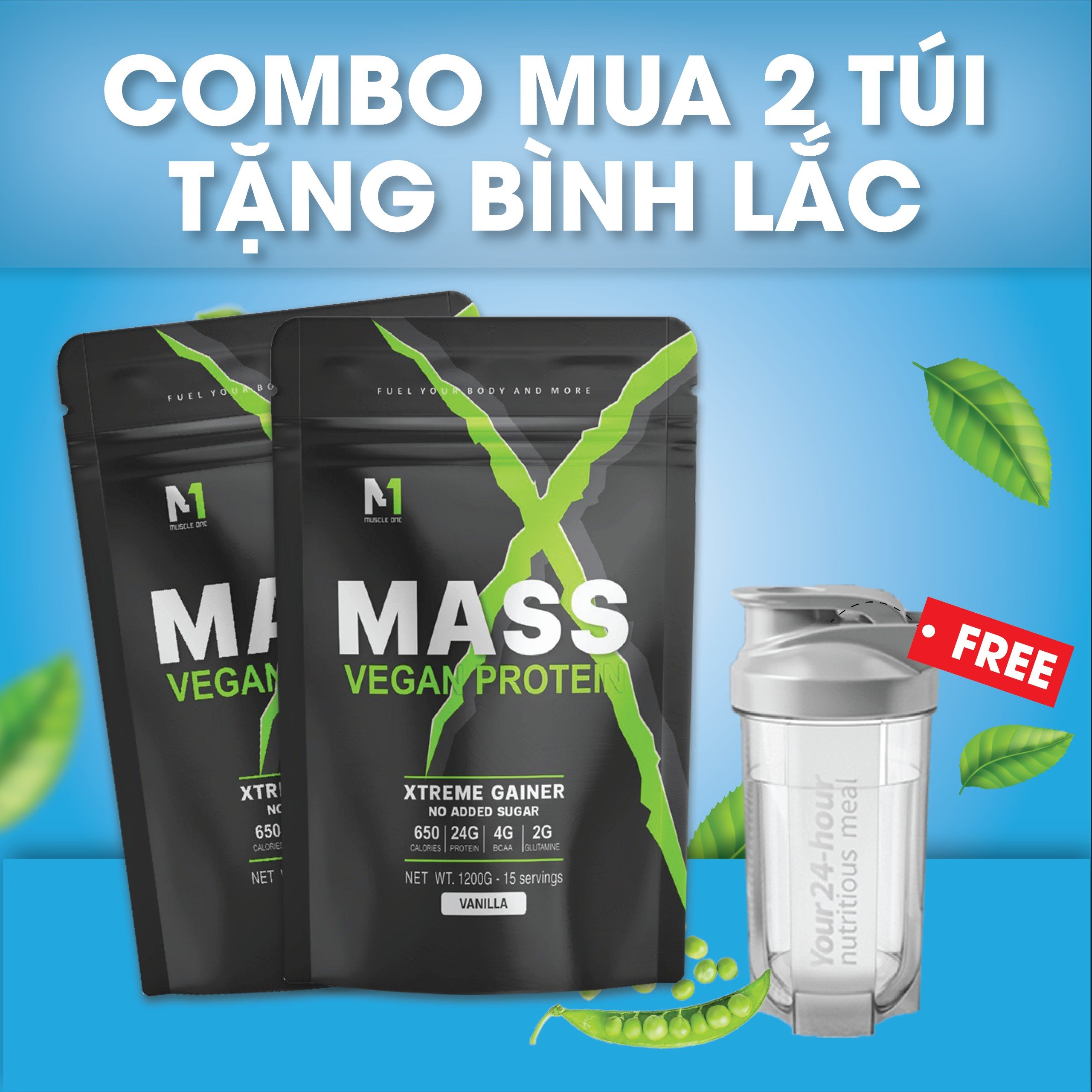 (COMBO 2túi + Tặng Bình) Sữa Tăng Cân Tăng Cơ Thực Vật -  Mass Vegan Protein Xtreme Gainer -  Muscle One - Túi 1,2Kg - Chính Hãng (Freeship)