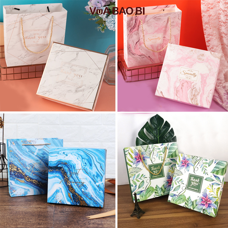 Hộp đựng quà vuông vân đá 20X20Cm kèm túi quà, rơm lót - hộp giấy quà tặng H19