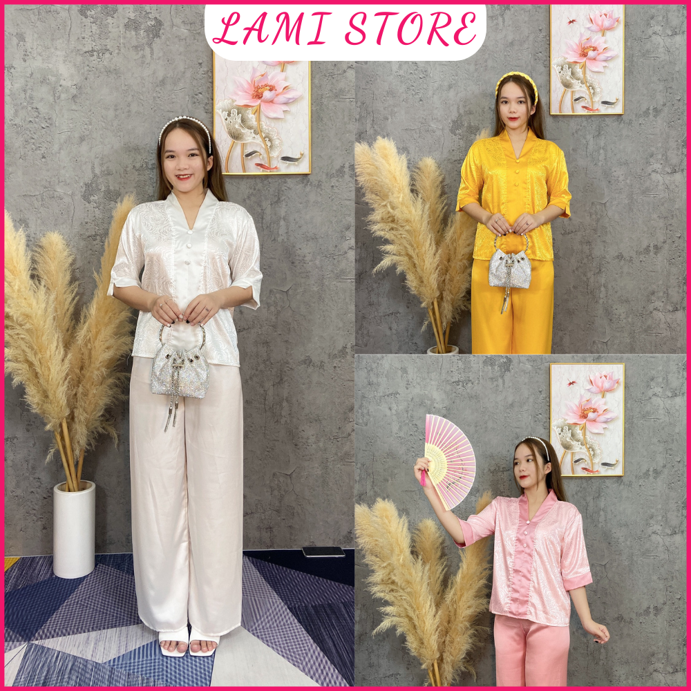 Đồ lam đi chùa nữ bộ đi lễ pháp phục đi chùa lụa gấm xuông đẹp thiết kế cao cấp trang nhã sang trọng LAMI STORE V9