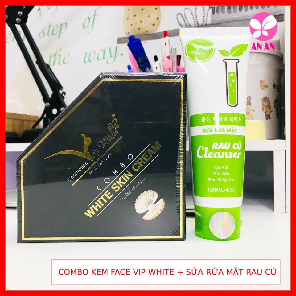 Combo Kem Face Vip White + Sữa rửa mặt Rau củ Vip White - Hàng chính hãng Công ty