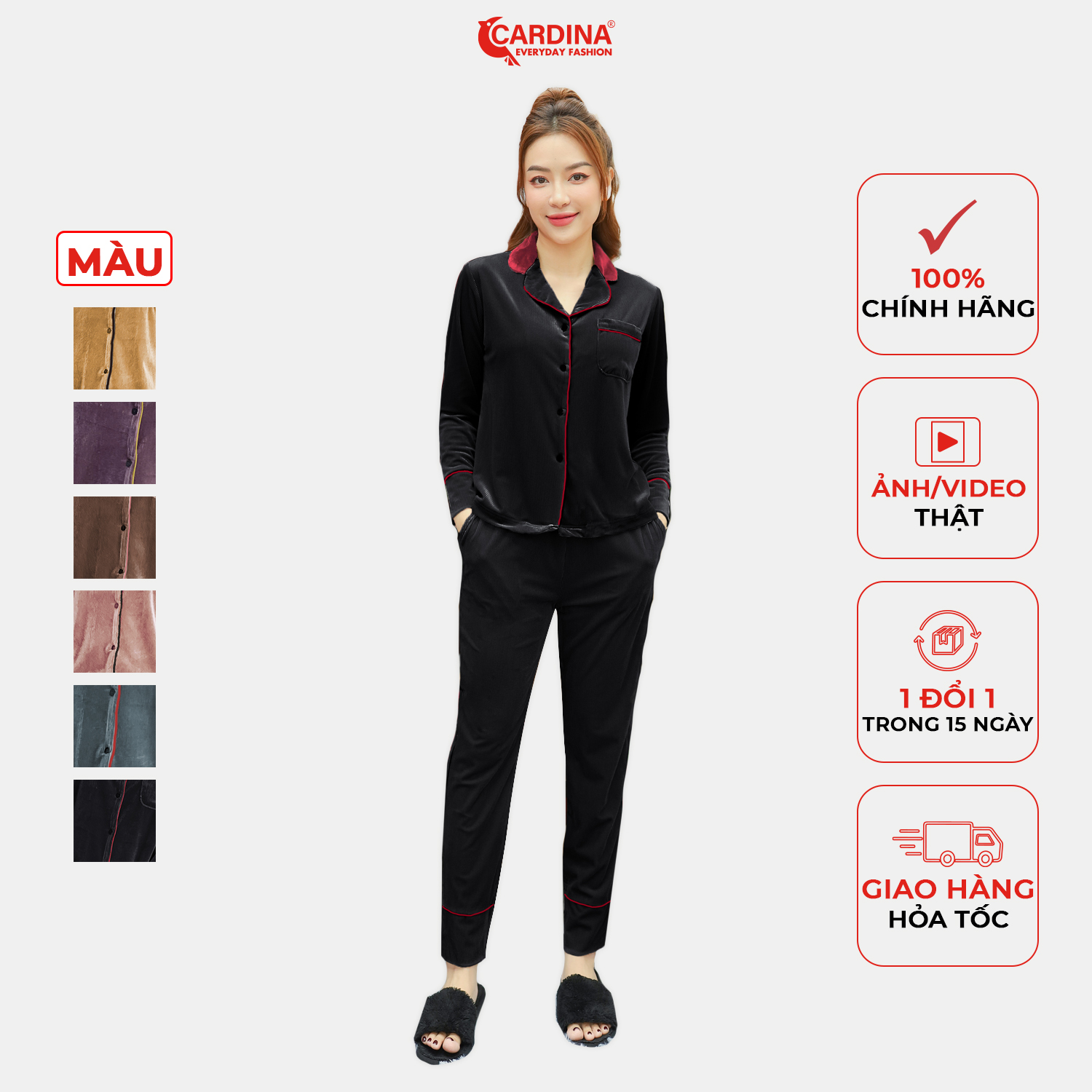 Đồ bộ Nữ 𝐂𝐀𝐑𝐃𝐈𝐍𝐀 Pijama Chất Nhung Tăm Cao Cấp Áo Dài Tay Phối Cổ Quần Dài Kiểu Dáng Sang Trọng 1Pi2