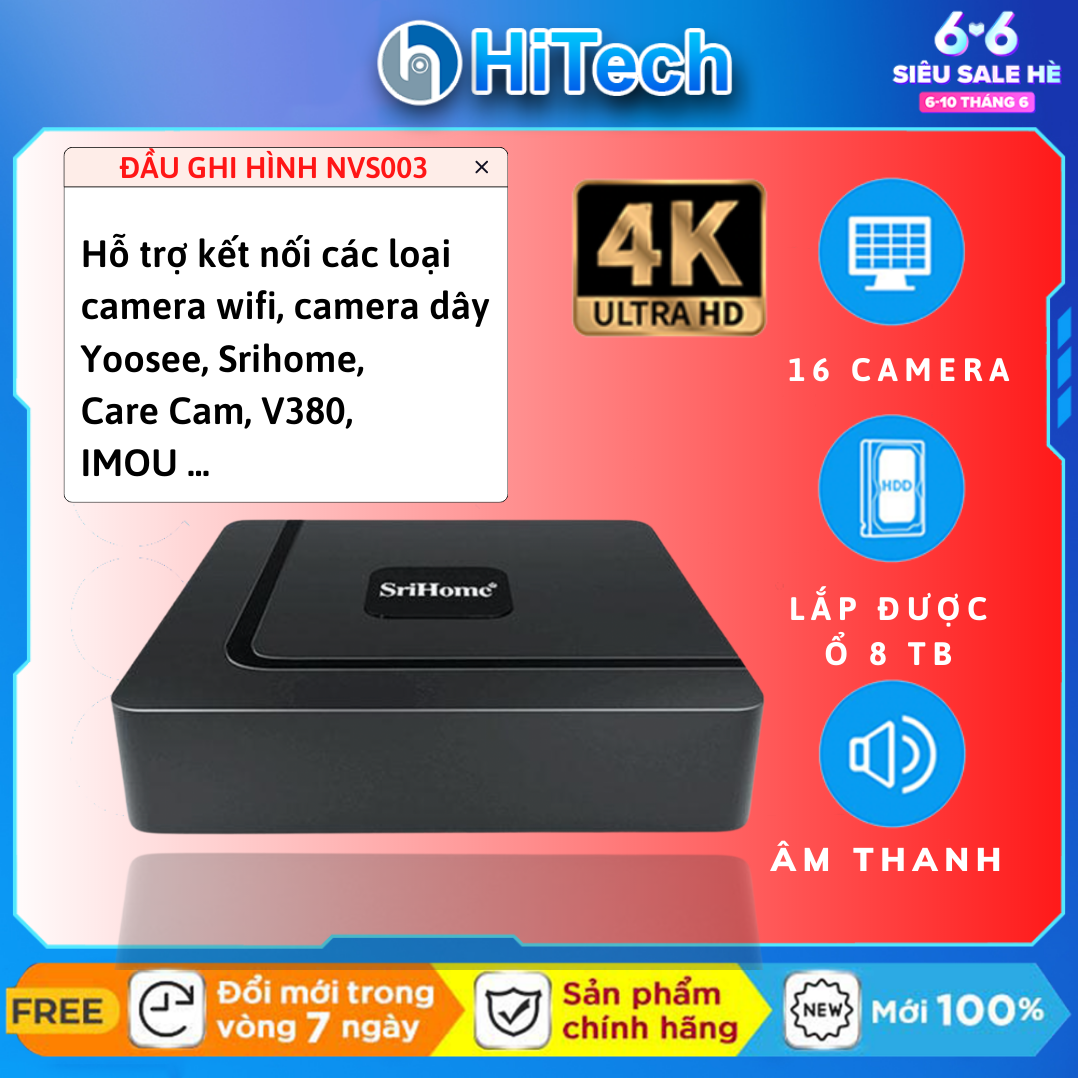Đầu ghi hình camera IP 16 kênh 8MP/4K  Srihome dùng cho camera IP dahua, imou, hikvision,Yoosee ,Onvif ,hỗ trợ ổ cứng 8TB, hỗ trợ míc thu âm thanh, mã đầu ghi srihome NVS003