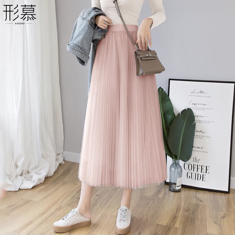 [HCM]Chân váy lưới xếp li xòe dáng dài qua gối lưng thun siêu dễ thương chuẩn hàng quảng châu loại 1