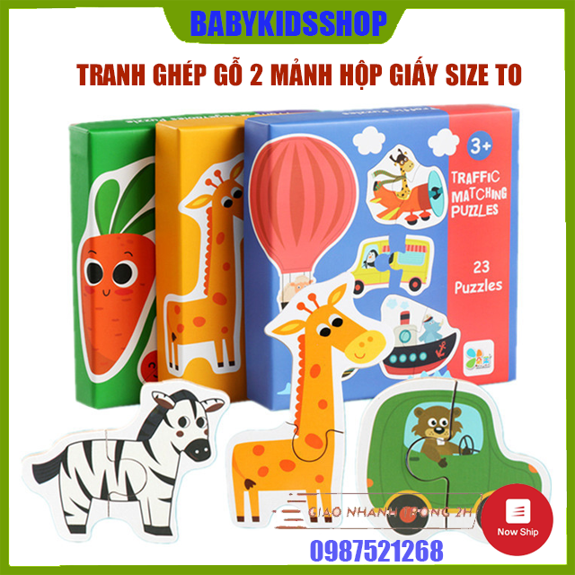 Tranh ghép gỗ, ghép hình 2 mảnh hộp giấy cứng cao cấp phát triển tư duy dành cho bé mới tập ghép hình 2 tuổi trở lên