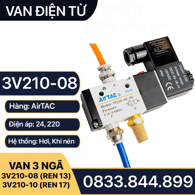 Van điện từ 3v210-08, van khí nén airtac 3 ngã ren 13 17 cuộn coil 24v, 220v