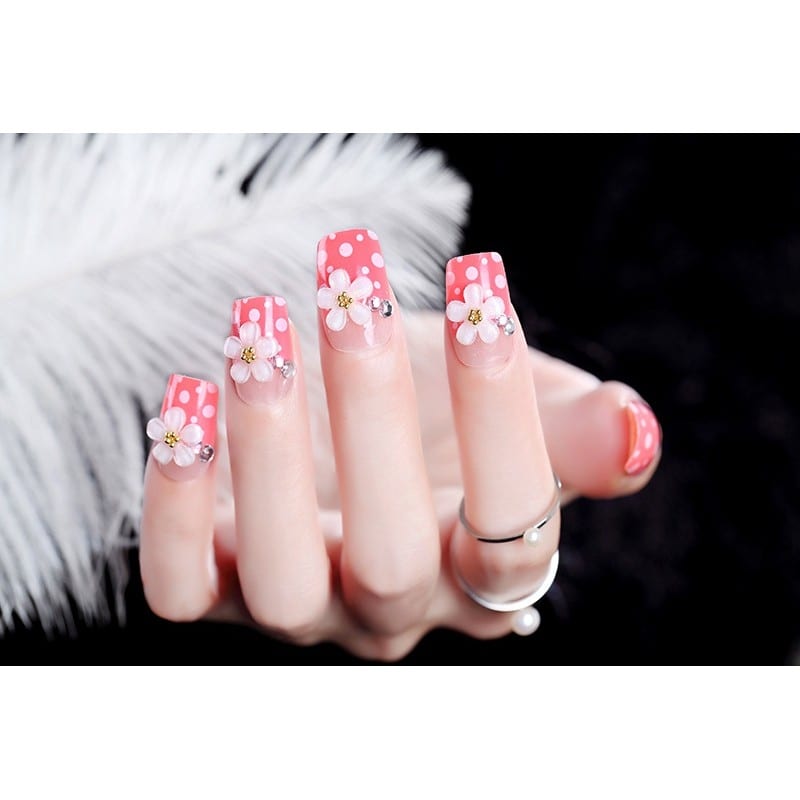 Bộ 24 Móng Tay Giả Hồng Chấm Bi Đính Hoa Đá (kèm keo dán +dũa)