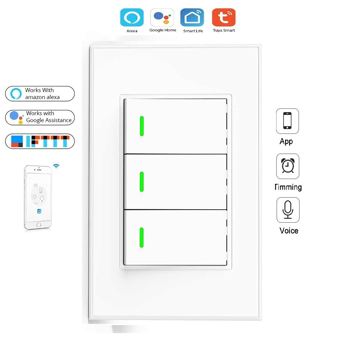 Công tắc cơ Wifi Tuya/Smartlife 3 nút HCN - Hàng cao cấp