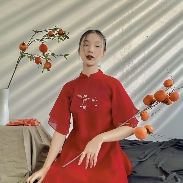 Áo dài tết voon tơ 4 tà may sẵn