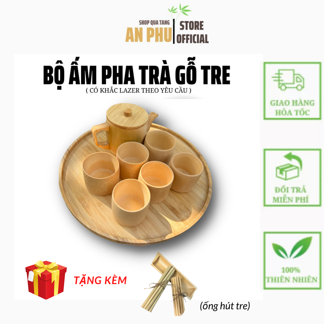 Bộ ấm chén uống trà kèm khay trà kèm chén trà ấm chén gỗ tre cao cấp, bộ ấm trà đẹp, bộ ấm trà bằng tre / an phú company
