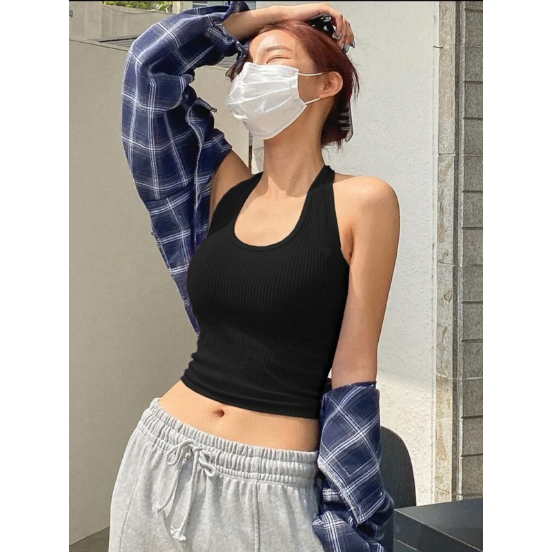 Ams2 áo croptop tròng cổ hở lưng thun gân