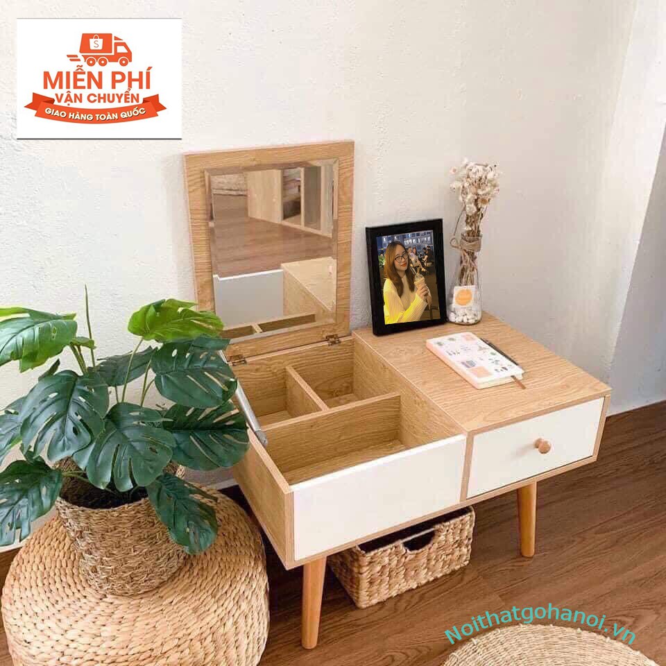 Bàn trang điểm, Kệ mỹ phẩm kiểu ngồi bệt có gương cao cấp gỗ MDF phủ bóng