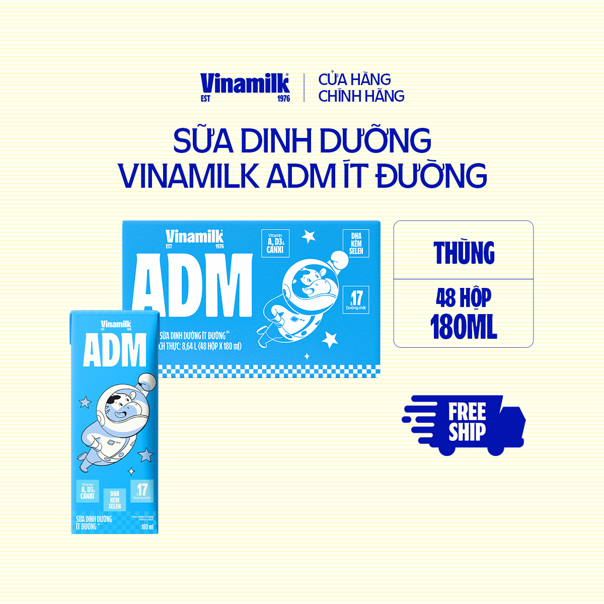 Thùng 48 Hộp sữa tiệt trùng Vinamilk ADM Ít Đường 180ml