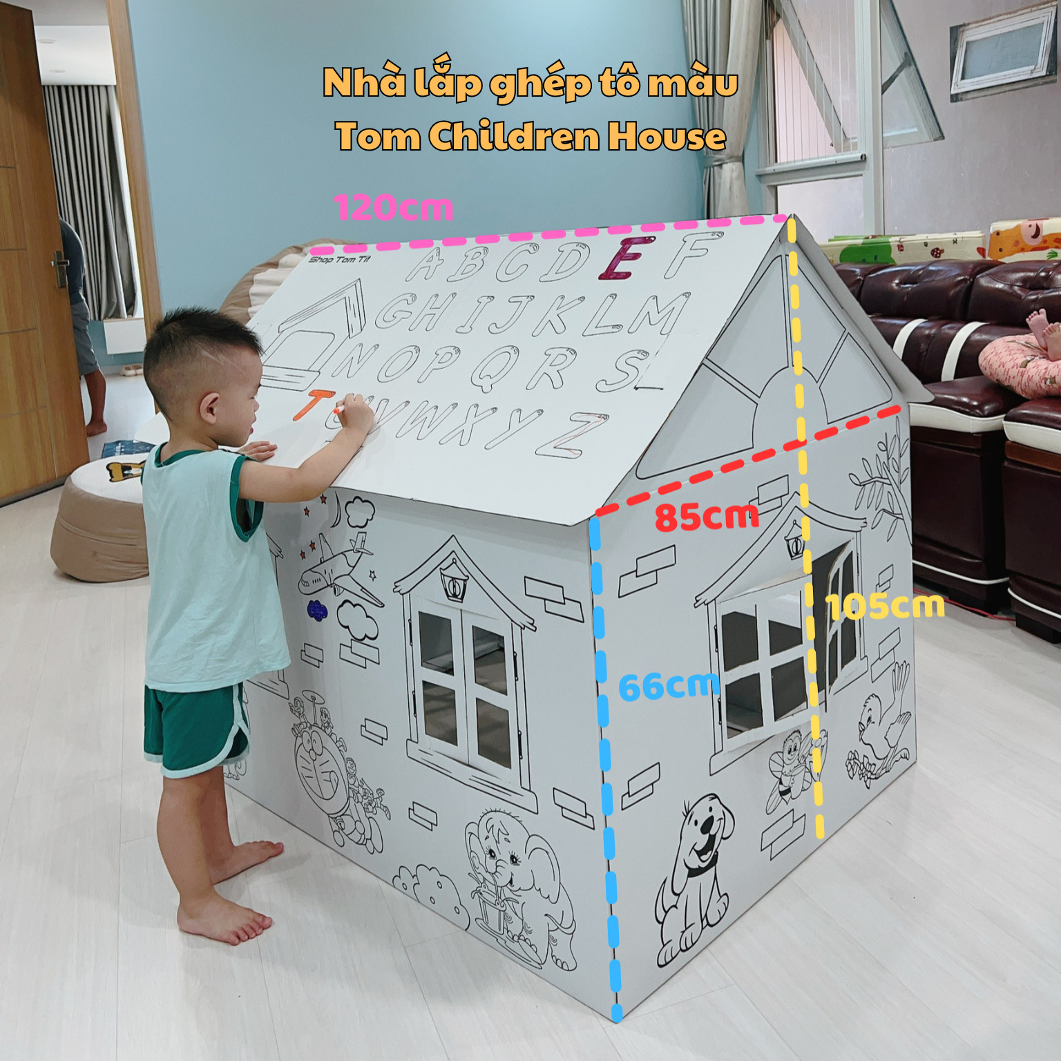 NHÀ GIẤY CAO CẤP CHO BÉ TOM CHILDREN HOUSE - nhà bìa carton kích thước lớn cho bé lắp ghép và tô màu