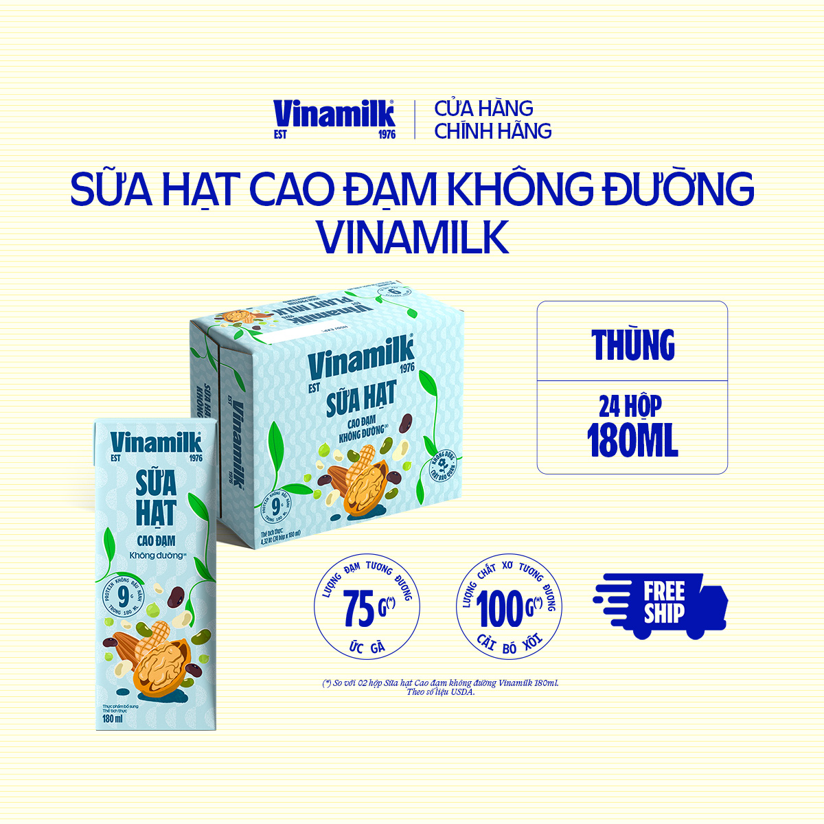 Sữa Hạt Cao Đạm Không Đường Vinamilk - Thùng 24 hộp 180ml