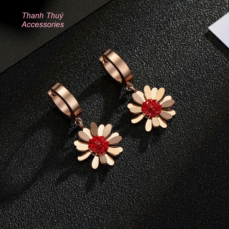 Bông tai titan hoa cúc rớt đính đá đỏ, trắng, vàng