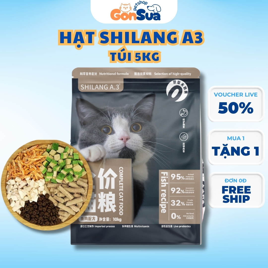   Túi 5kg  Hạt Mèo SHILANG A3 - Thịt Gà Tép Tủy Xương & Cỏ Mèo - Hạt Cho Mèo Siêu Ngon Dinh Dưỡng Không Độn Ngũ Cốc 
