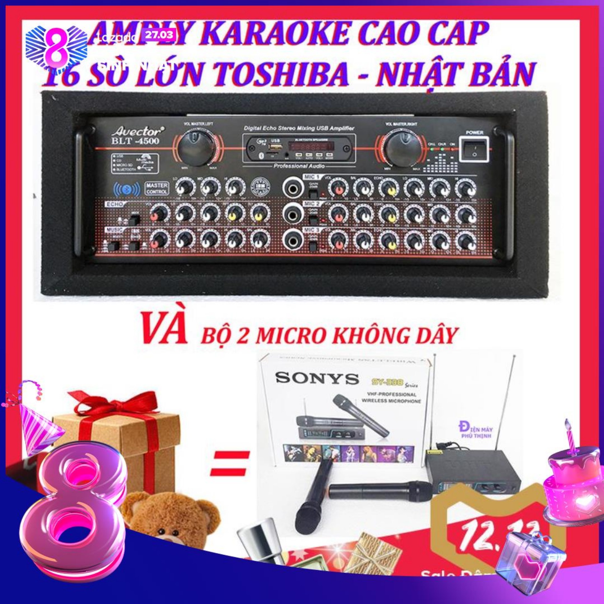 Amply karaoke ampli bluetooth amply nghe nhac amply karaoke hay cao cấp avector 4500 VÀ bộ micro không dây sy338