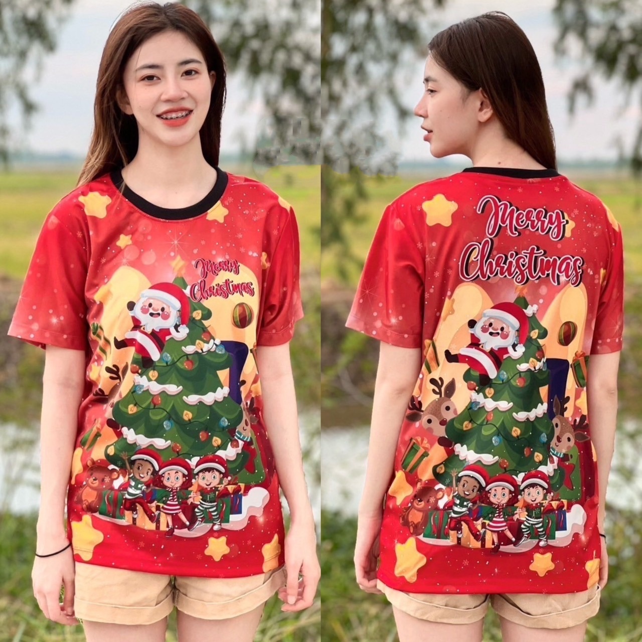 2025 Áo thun nam và nữ giáng sinh Áo Thun thường ngày ngắn tay màu đỏ in 3D thoáng khí và rộng ngoại cỡ nhanh khô Merry Christmas