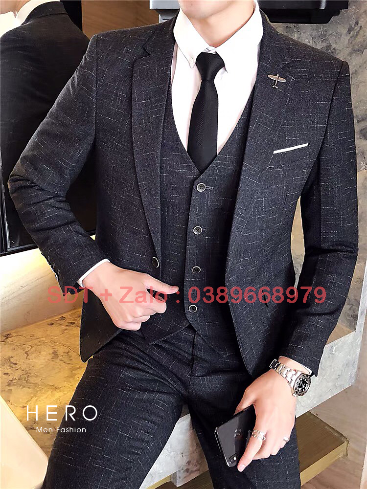 Vest nam, bộ vest nam kẻ đen, suit nam, bộ suit nam hàn quốc kẻ đen