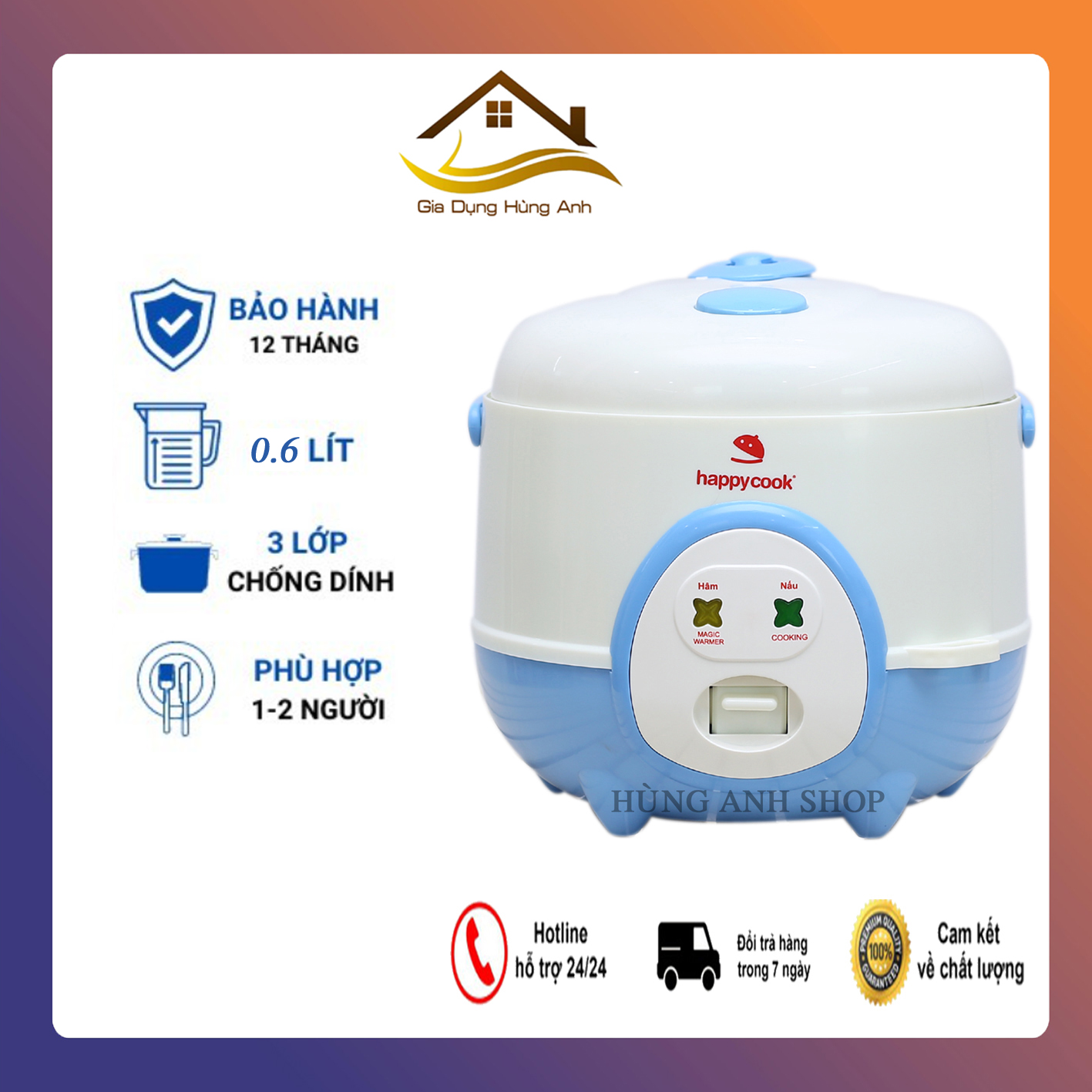 [Chính Hãng] Nồi Cơm Điện Mini Happy Cook (0.6L) HC-060 Đẹp, Nấu Cơm Ngon, Lòng Nồi bằng Hợp Kim Nhôm Chống Dính, Có Xưởng Hấp Tiện Dụng - Bảo Hành 12 Tháng