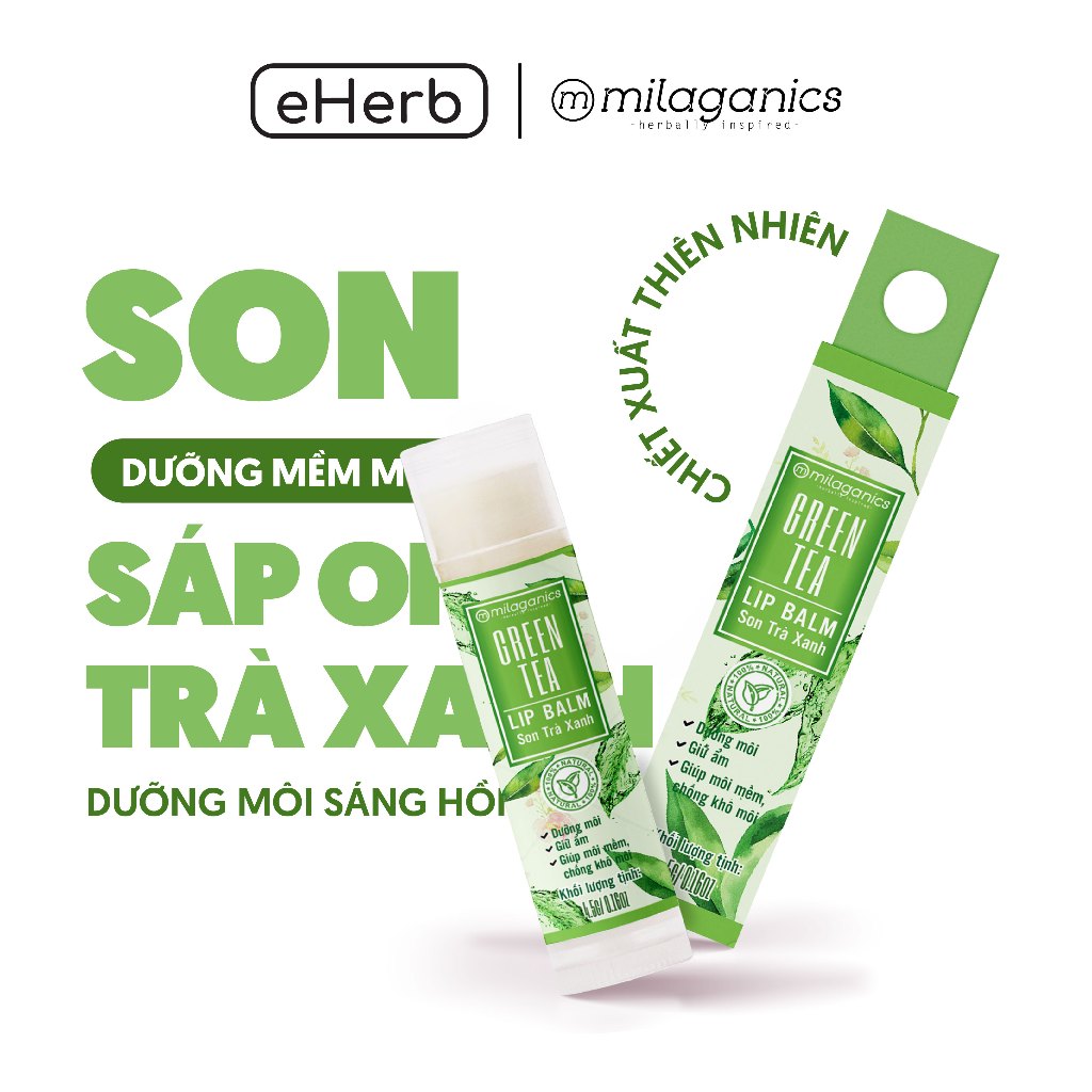 Son dưỡng môi trà xanh, son dưỡng giảm thâm không màu thiên nhiên milaganics 4.5gr - eherb