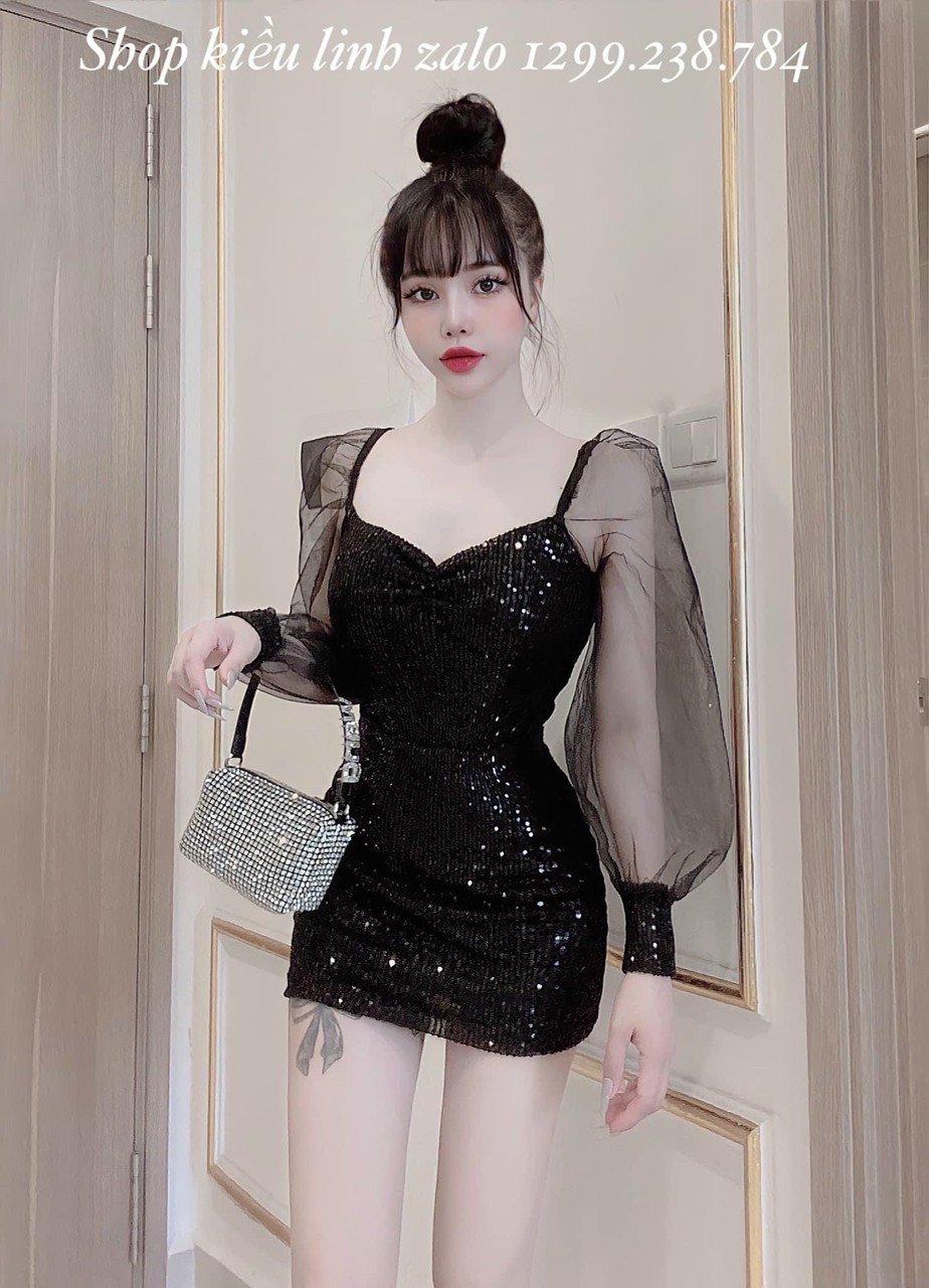 Đầm body kim sa hai lớp có mút sang chảnh đi đám cưới, đầm bodycon phối voan tay phồng, váy ôm kim sa body cổ V mặc đi tiệc
