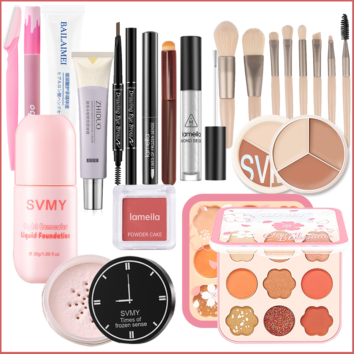 Bộ trang điểm cá nhân 11/14 món combo make up đầy đủ hàn quốc nội địa trung KISS BEAUTY chuyên nghiệp Mascara+Bút dạ kẻ mắt+Chì kẻ mày+Bộ 8 dụng cụ trang điểm+Son kem+Bút tạo khối+Che khuyết điểm