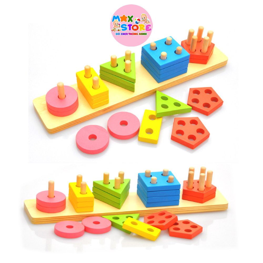 Đồ chơi gỗ montessori - thả 5 cọc hình khối sắc màu trên thanh chữ nhật