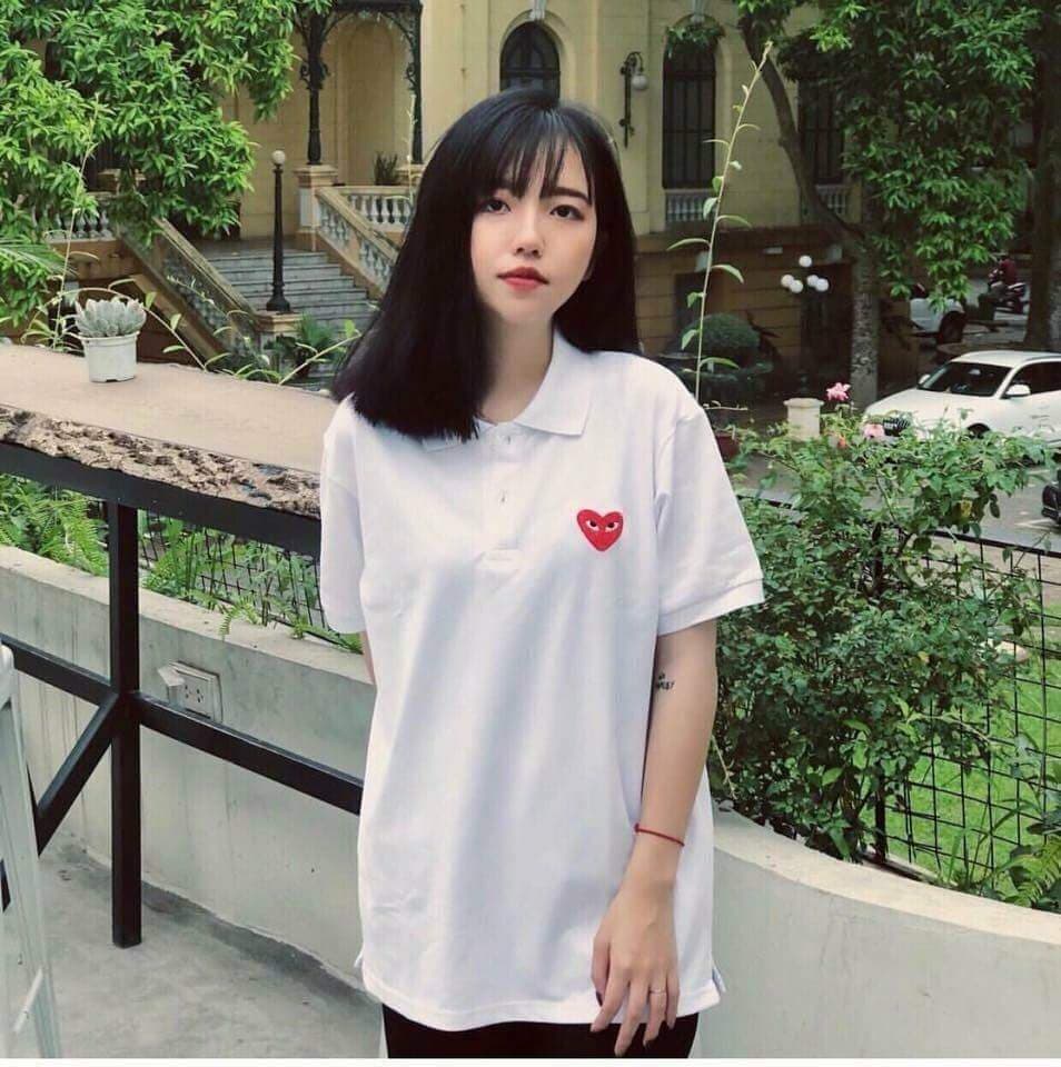 Áo thun nam nữ cổ trụ thêu trái tim siêu hot siêu dễ thương