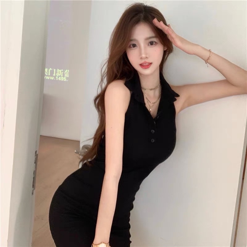 Váy ôm body cổ yếm 5 nút đen - trắng / đầm ôm thun gân ảnh thật
