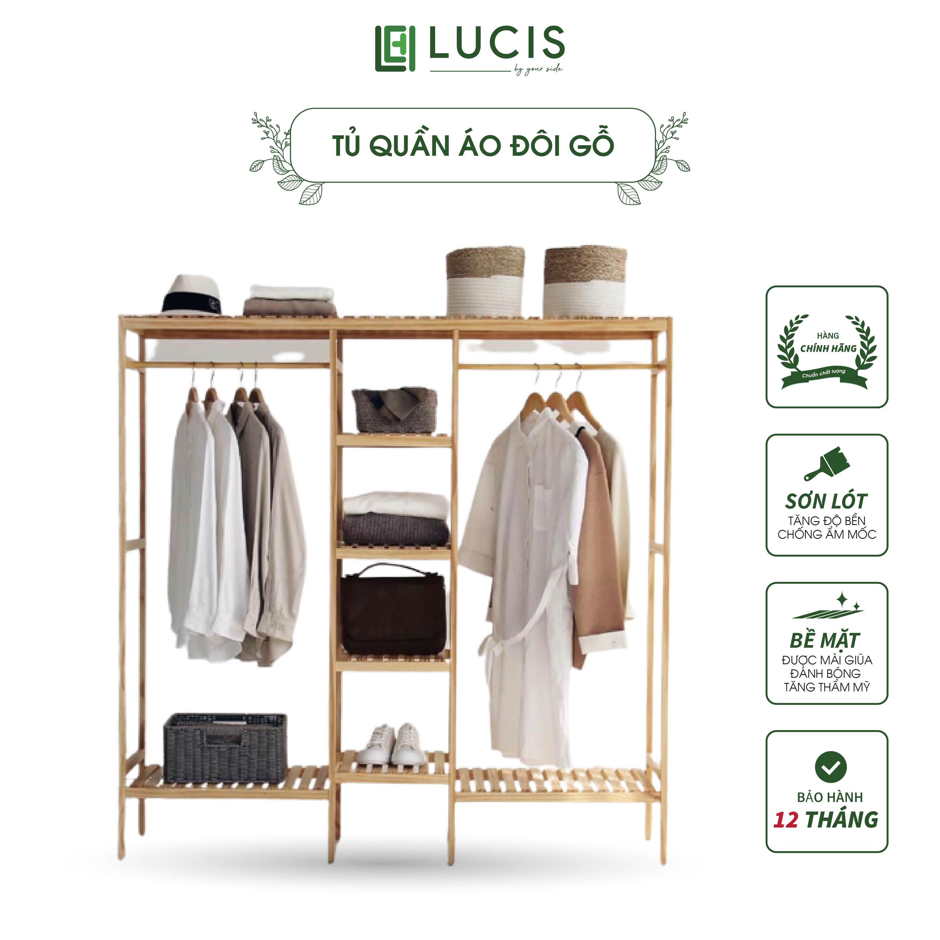 Tủ treo quần áo LUCIS gỗ thông 3 khoang - Kệ treo quần áo đa năng tiện lợi dễ lắp ráp cao cấp - Tủ quần áo decor, trang trí