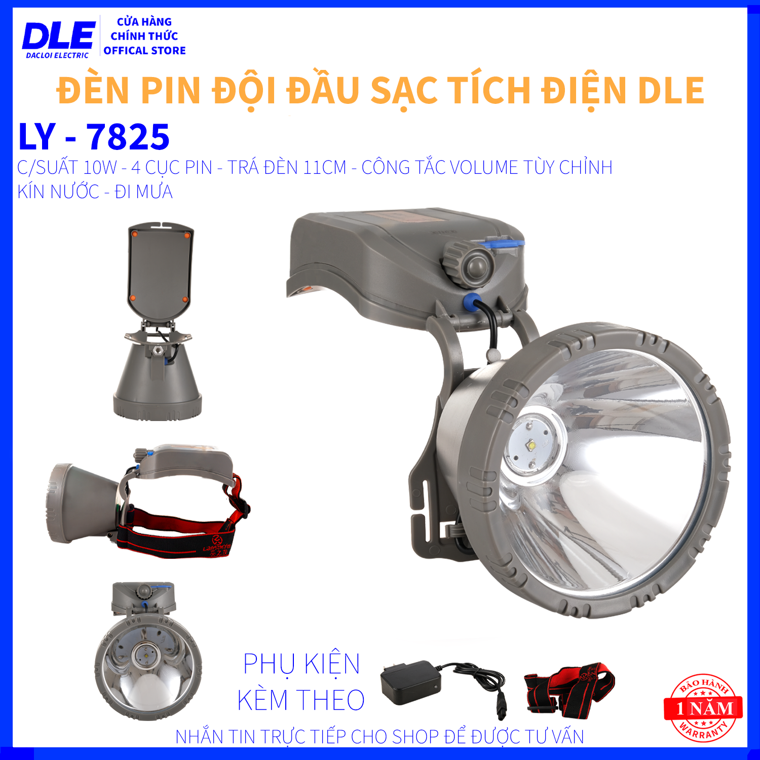 ĐÈN PIN ĐỘI ĐẦU LY 7825 - NHẬP KHẨU THÁI LAN - 4 CỤC PIN - CHỐNG NƯỚC - ĐI MƯA - CHIẾU XA 1000 MÉT