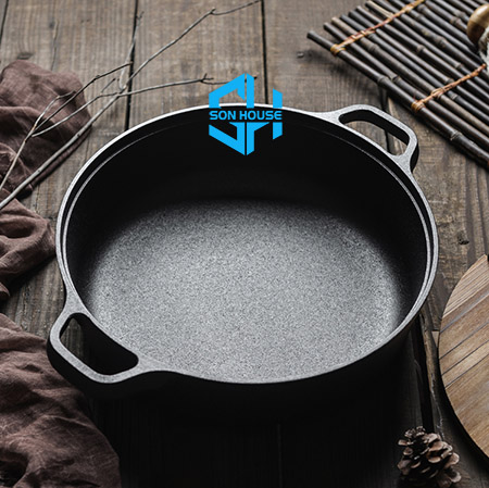 Chảo gang đen đúc, nồi gang đen cạn lòng cao cấp đường kính 29cm