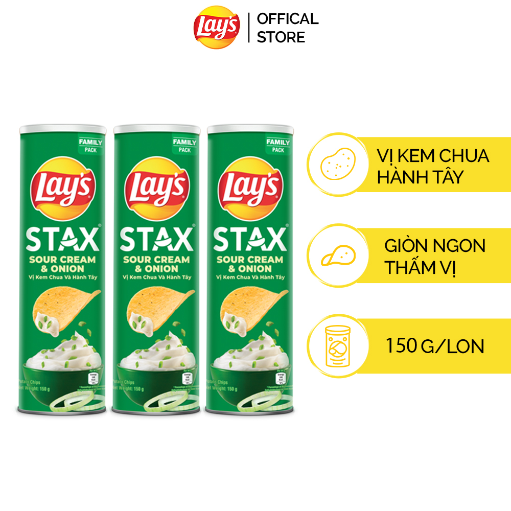 Combo 3 Lay's Stax Khoai Tây Miếng Vị Kem Chua và Hành Tây 155G