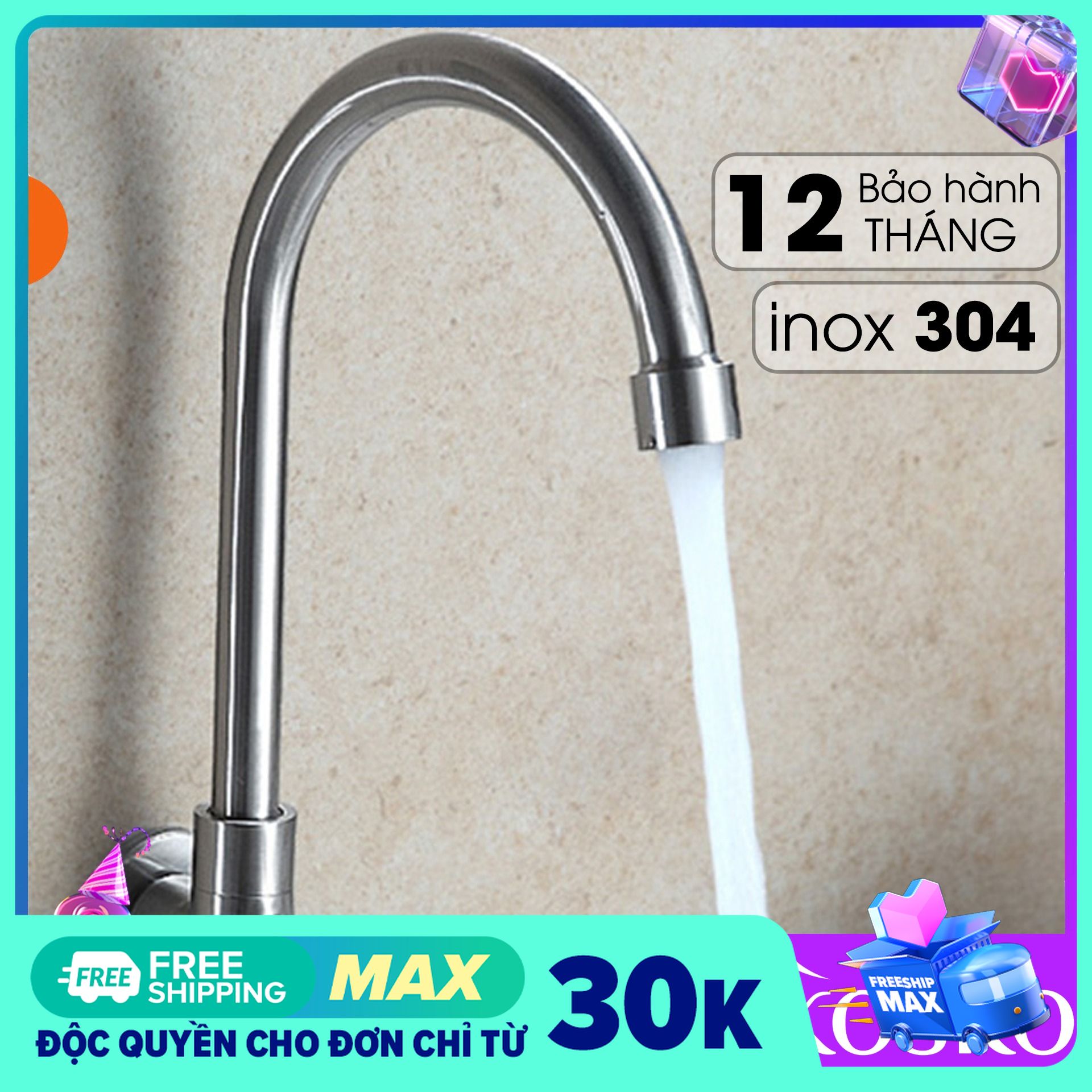 Vòi rửa chén bát Inox 304 Cắm Tường Cần Cứng - Đầu vòi tạo bọt tiết kiệm nước - Xoay 360 độ vô cùng tiện lợi. 1 Đường Nước (Bảo hành 12 tháng)