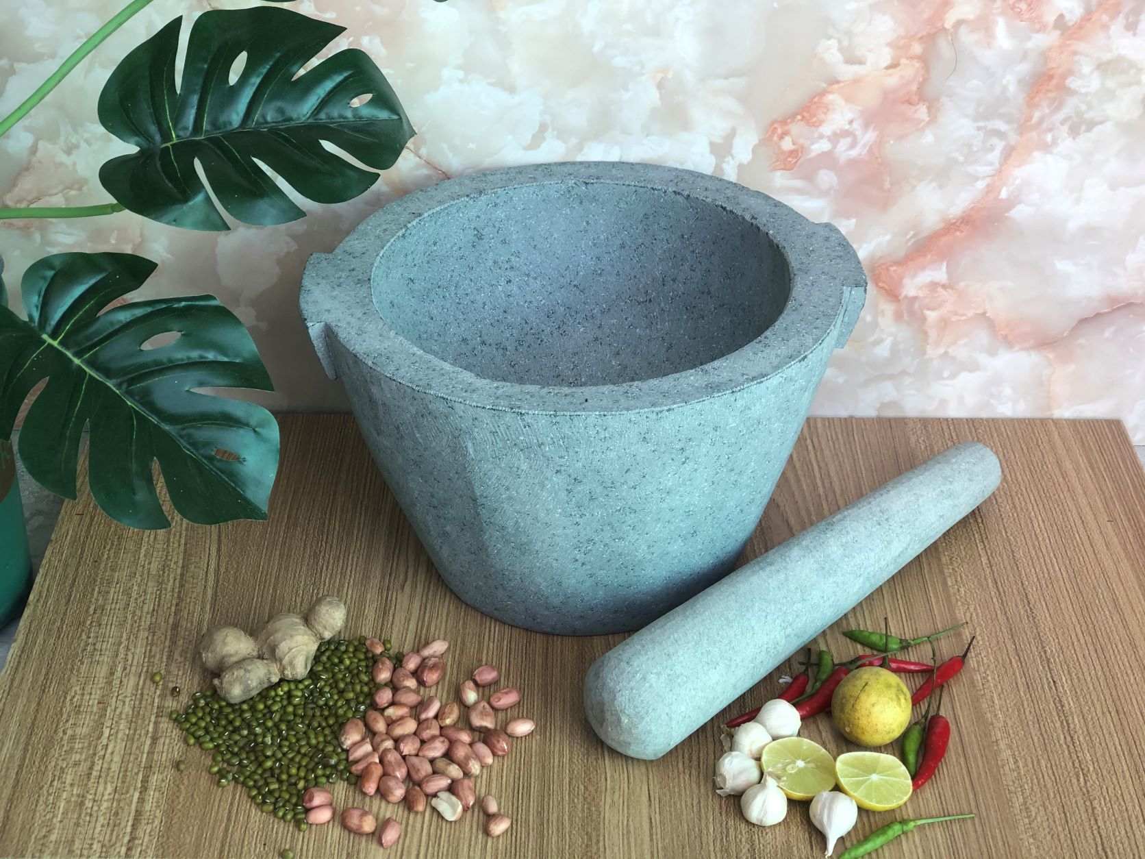 bộ sản phẩm cối đá + chày đá Xanh nguyên khôi đường kính 26cm