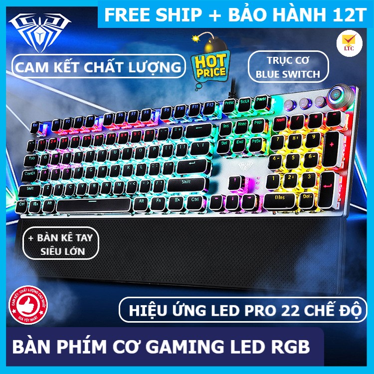 Bàn phím cơ gaming F2508 FULL LED RGB với hơn 20 chế độ led, keyboard blue switch tặng kèm kê tay cho máy tính laptop pc, chiến mượt mọi tựa game pubg, lol đột kích - LTC