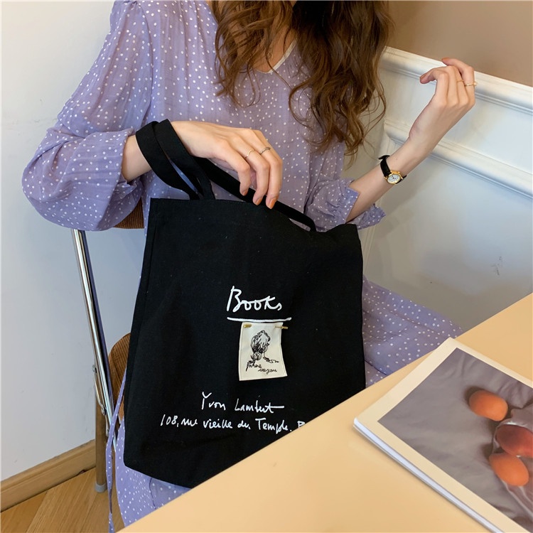 Túi tote túi vải canvas books có đính kèm miếng vải thêu cô gái fiu.bagstore
