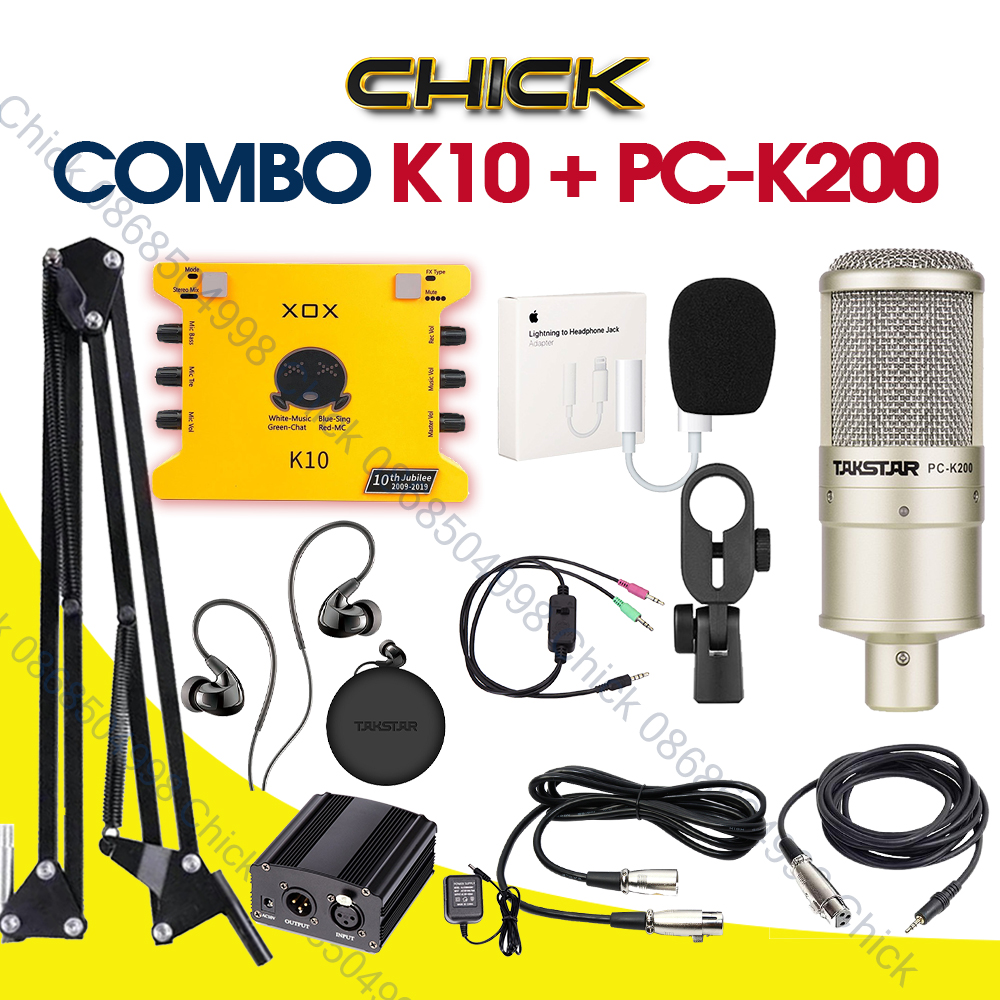 Combo mic thu âm takstar pc k200, sound card k10, micro chuyên nghiệp, hàng chính hãng
