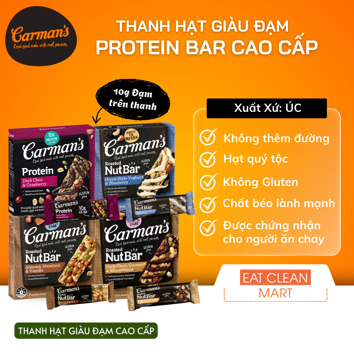 Thanh Hạt Ăn Kiêng Carman's Cao Cấp Nhập Khẩu Úc - Hộp 160g/ 5 thanh
