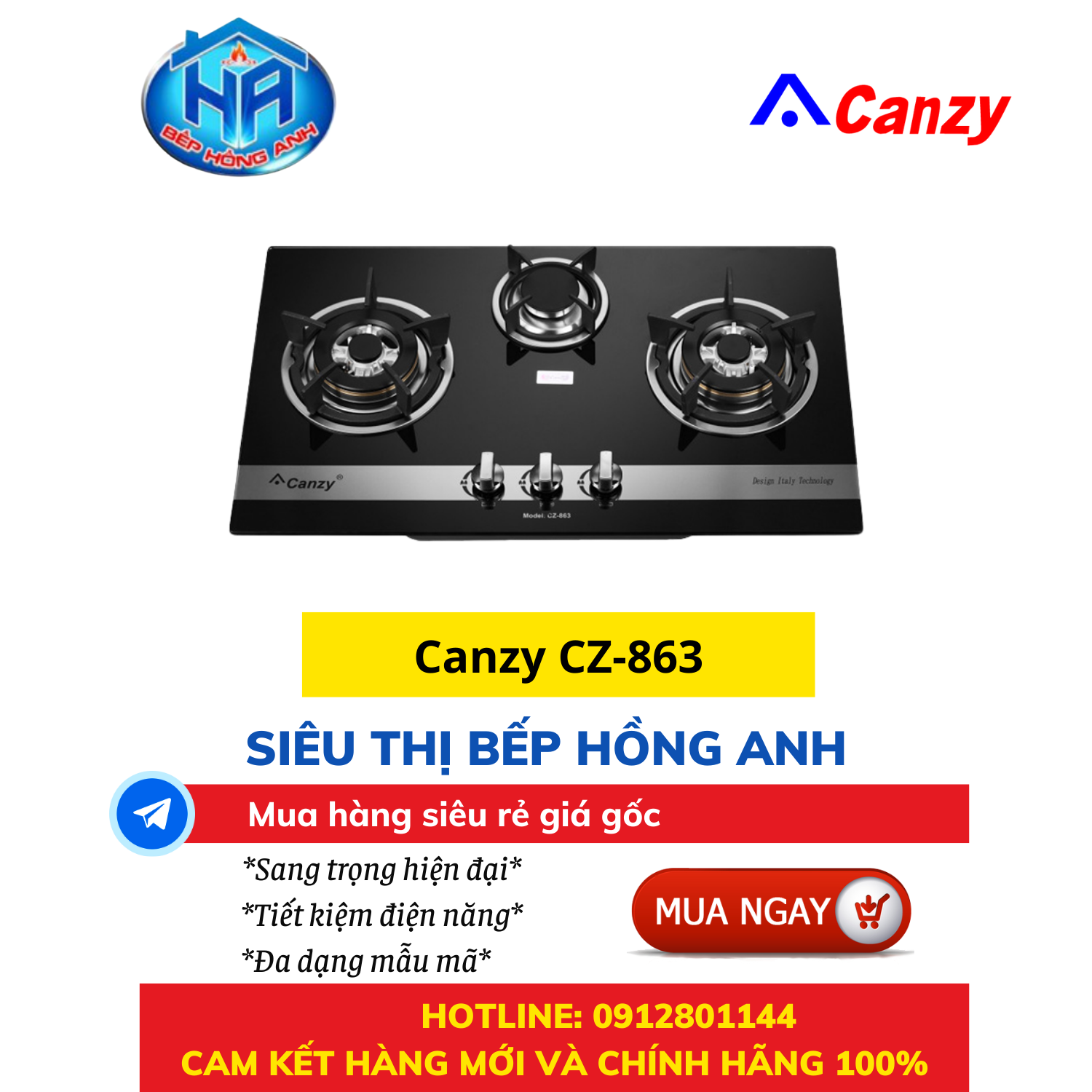 Bếp gas âm 3 lò nấu Canzy CZ-863 - Thiết Bị Bếp Hồng Anh