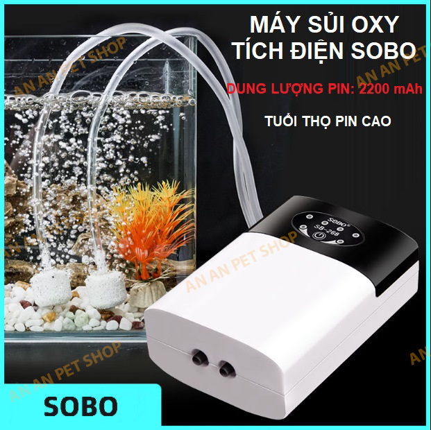  Máy sủi Oxy Hồ cá Tích điện 2 vòi SOBO SB-168 SB-268  Đã bao gồm bộ dây và đá sủi  