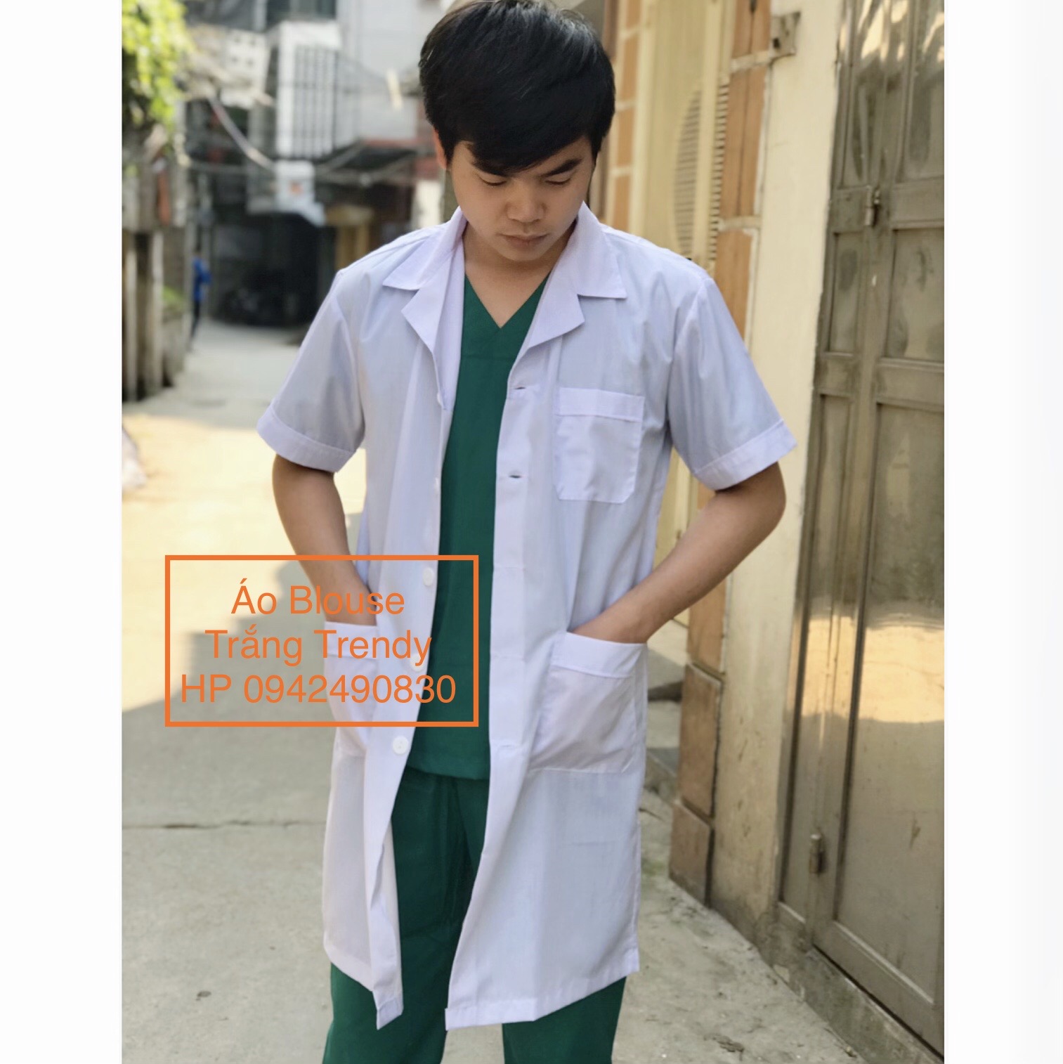 Áo choàng blouse trắng bác sĩ, dược sĩ nam chất Lon Nhật mát
