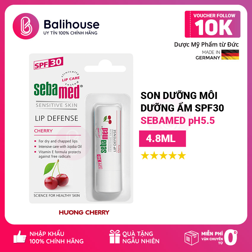 [Chính Hãng - Freeship - Gift] Son Dưỡng Môi Chống Nắng Có Màu Hương Cherry Sebamed cân bằng pH5.5 (4.8g) (SEBAMED SENSITIVE SKIN LIP DEFENSE) - DMP Balihouse
