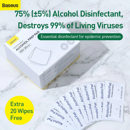 Bông khử trùng dùng 1 lần Baseus Disposable Alcohol Prep Pad với thành phần 75% (+-5%) Alcohol giúp sát khuẩn, làm sạch da và các vật dụng khác, tiêu diệt đến 99% virus